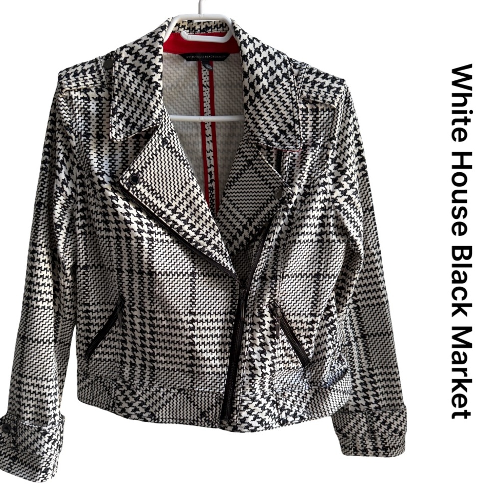 White House Black Market Black and White Houndstooth Blazer with red accents
